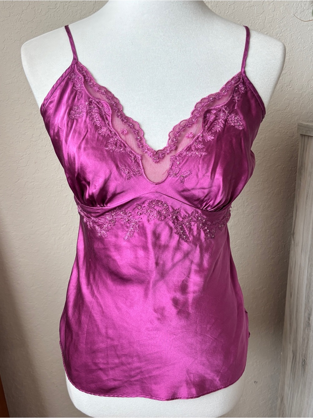 Worthington Vintage Y2K 100% Silk Cami Magenta Lace Embellished Fairy Top M